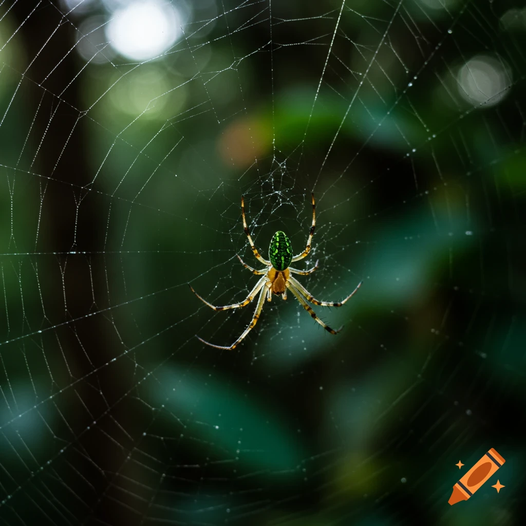A close-up, sharp photo of a small green and yellow orb weaver spider centered on its dew-covered web, against a dark green bokeh background.