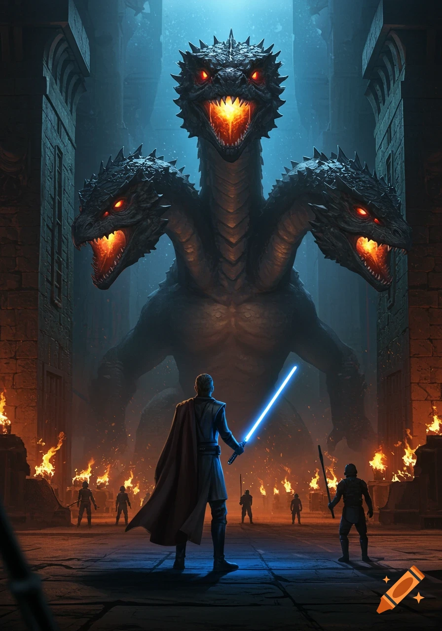 A Jedi knight with a blue lightsaber confronts a massive, three-headed dragon in a dark, torch-lit ancient temple.