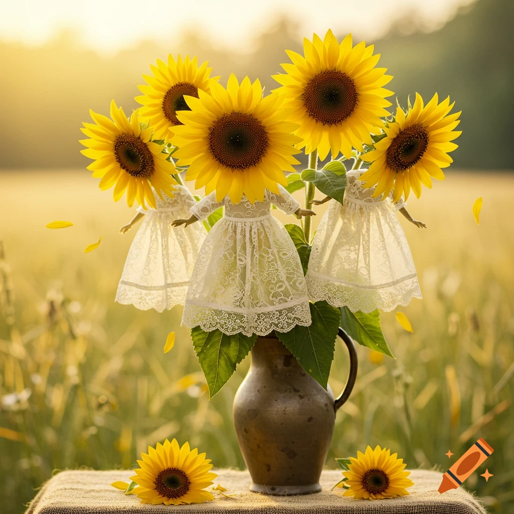 A whimsical bouquet of sunflowers wearing white lace dresses arranged in a vase on a table in a sunny field.