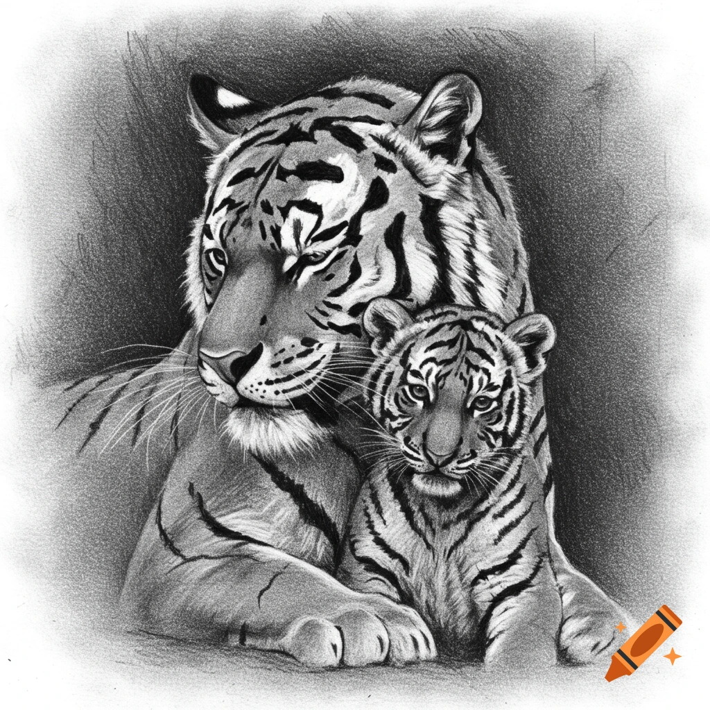 A charcoal drawing depicts a mother tiger affectionately hugging her cub.