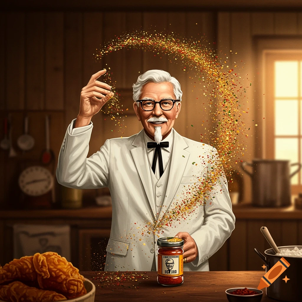 Colonel Sanders in a white suit sprinkles spices from a jar into the air in a kitchen, next to fried chicken.