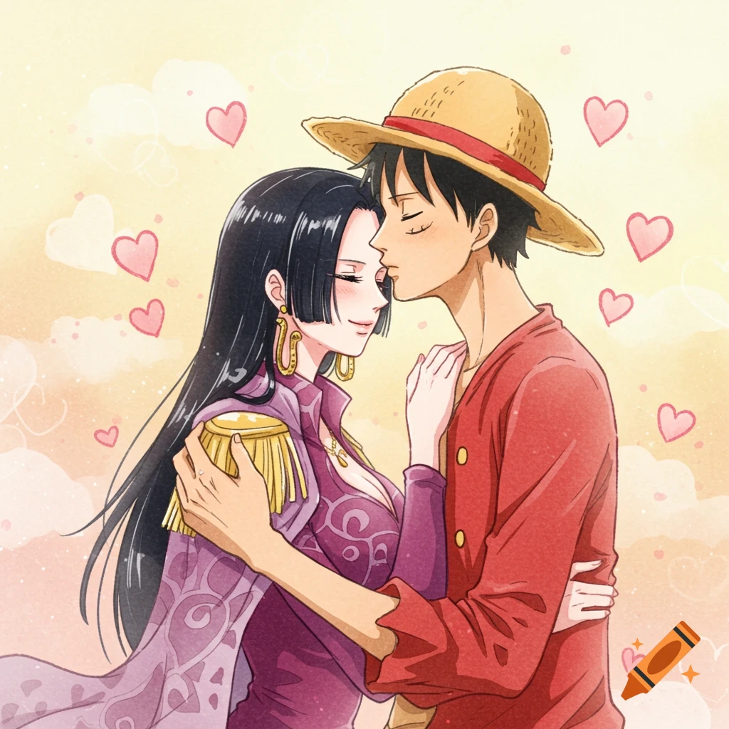 Luffy in a straw hat kisses Hancock's forehead, surrounded by pink hearts, in a soft watercolor anime style.