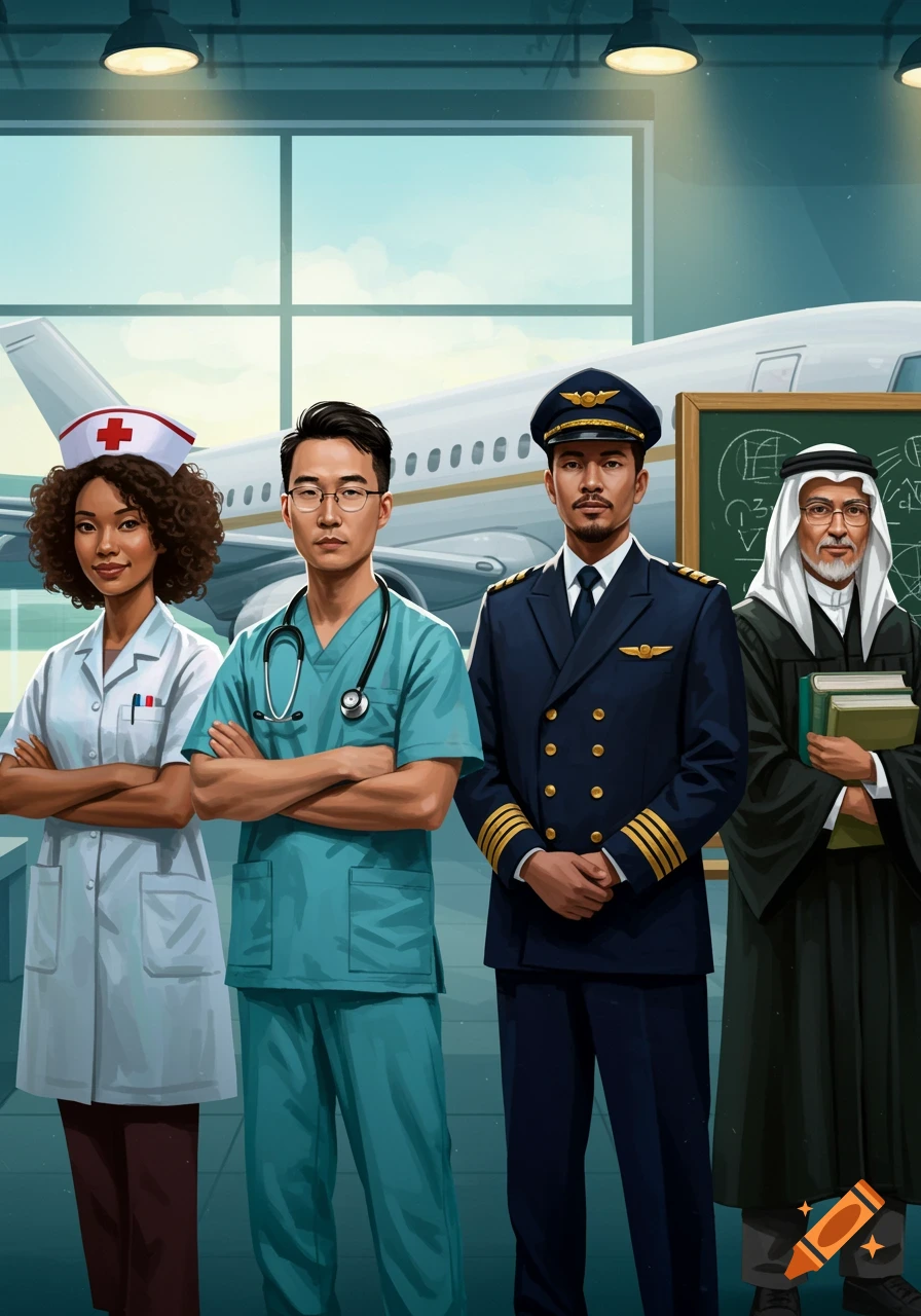 Illustration of a diverse nurse, doctor, pilot, and professor standing in an airport, showcasing various professions.
