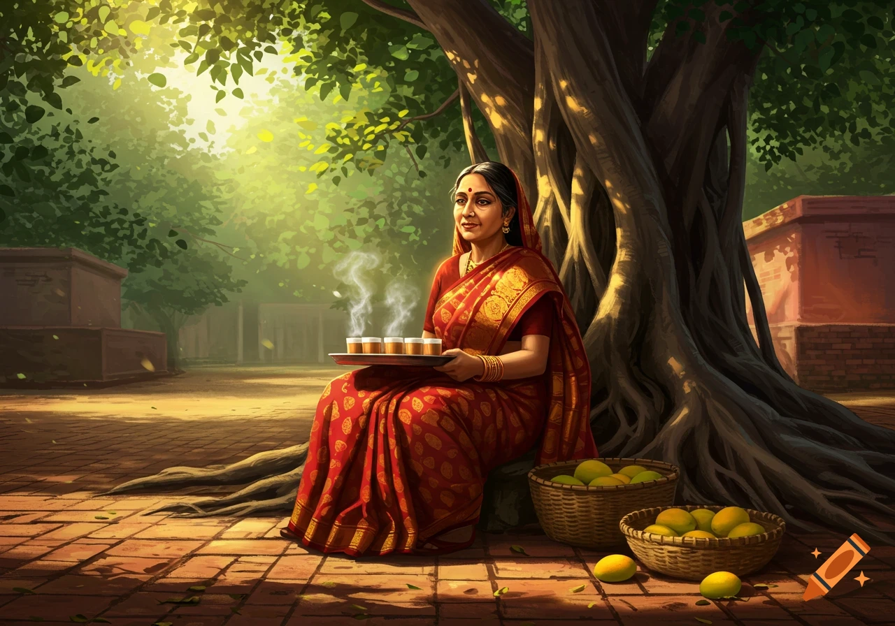 A Bangladeshi woman in a red sari sits under a large tree, holding a tray of steaming chai, with baskets of mangoes.