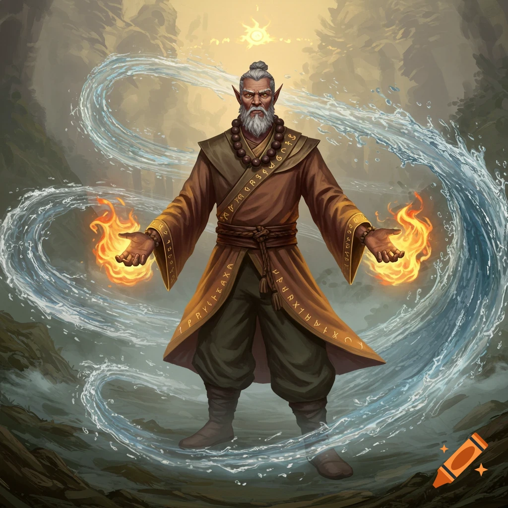 A grey-haired half-elf monk with a beard, wearing robes, conjures fire and water. Fantasy art.