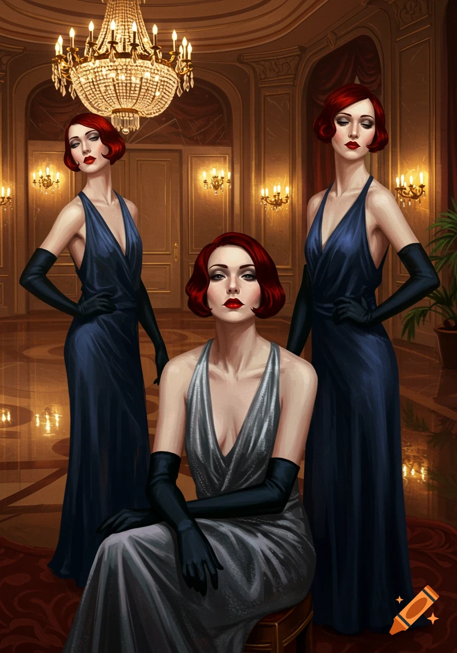 Three elegant women with red hair, red lips, in evening gowns and long gloves in a lavish hall with a chandelier.