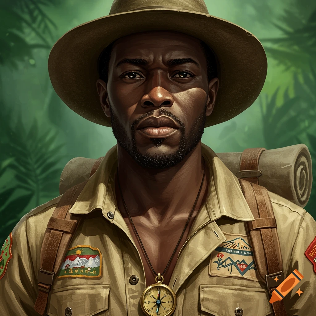 Close-up portrait of a determined Black man in a safari hat and adventure gear against a lush jungle background.