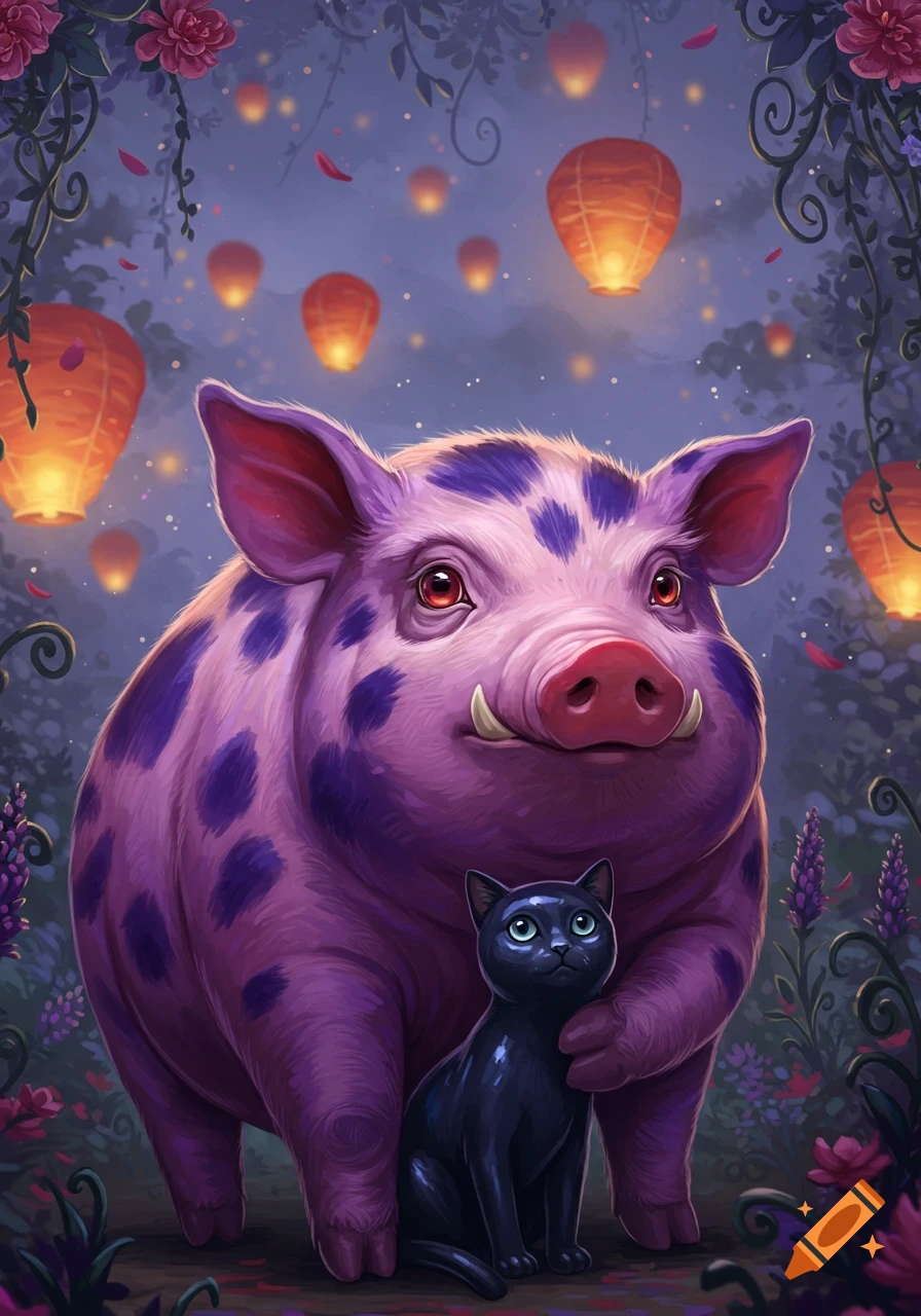A purple spotted pig with red eyes stands next to a black cat with green eyes in a mystical forest with glowing lanterns and flowers.