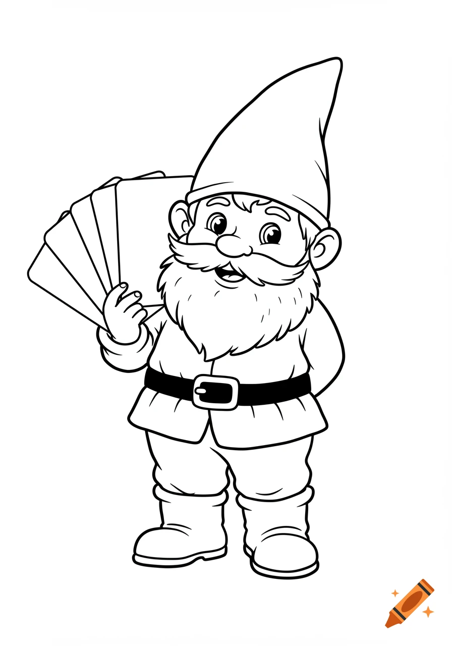 Whimsical garden gnome holding blank playing cards, black and white line art, coloring book style.