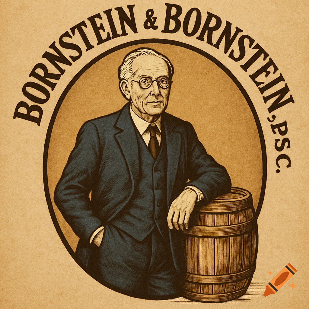 Vintage-style law firm logo of an old man in a suit leaning on a barrel with Bornstein & Bornstein, P.S.C. text.