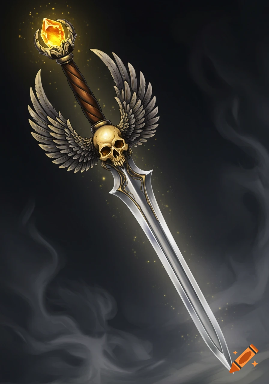 A fantasy sword with a skull pommel, feathered wings as a guard, and a glowing orange crystal on the hilt, set against a dark, smoky background.