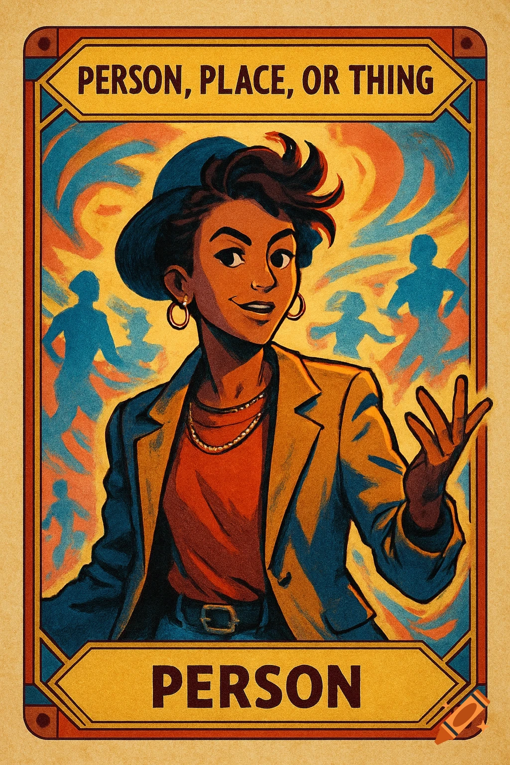 A retro-styled game card featuring a smiling cartoon woman in a hat and jacket, with text 'PERSON, PLACE, OR THING' and 'PERSON'. Blue and orange silhouettes are in the background.