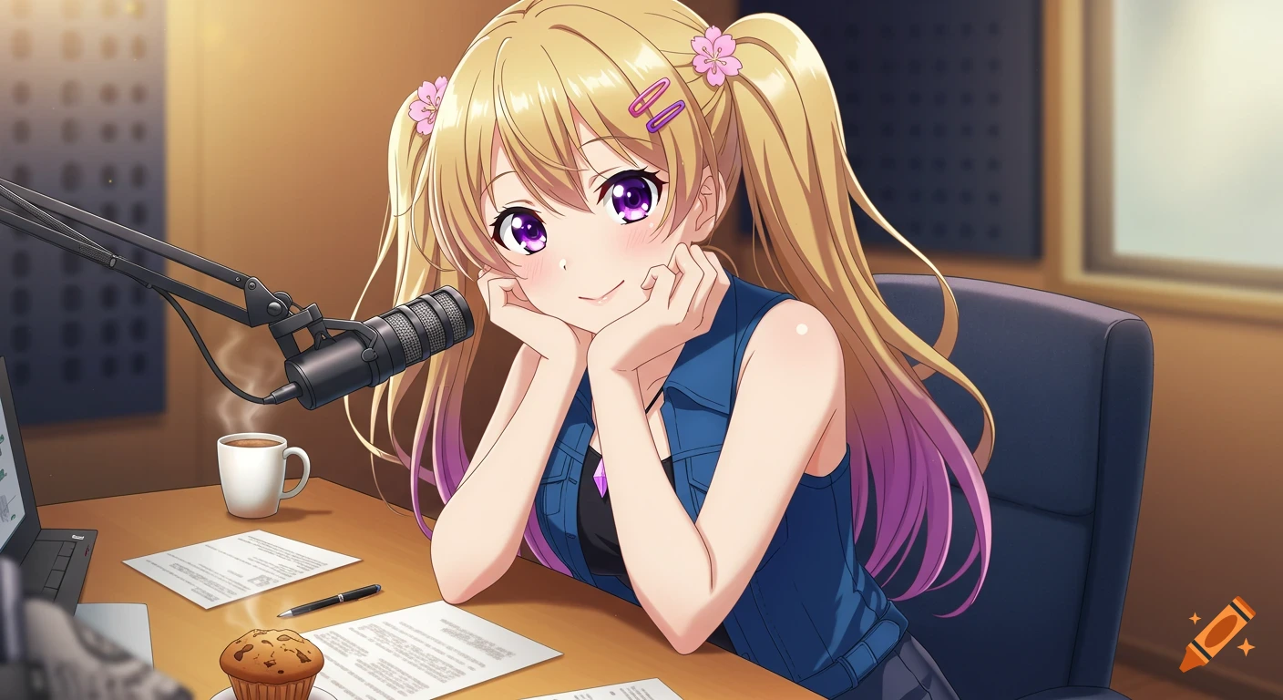 Smiling anime girl with blonde hair and purple streaks at a podcast desk with a microphone, coffee, and muffin.