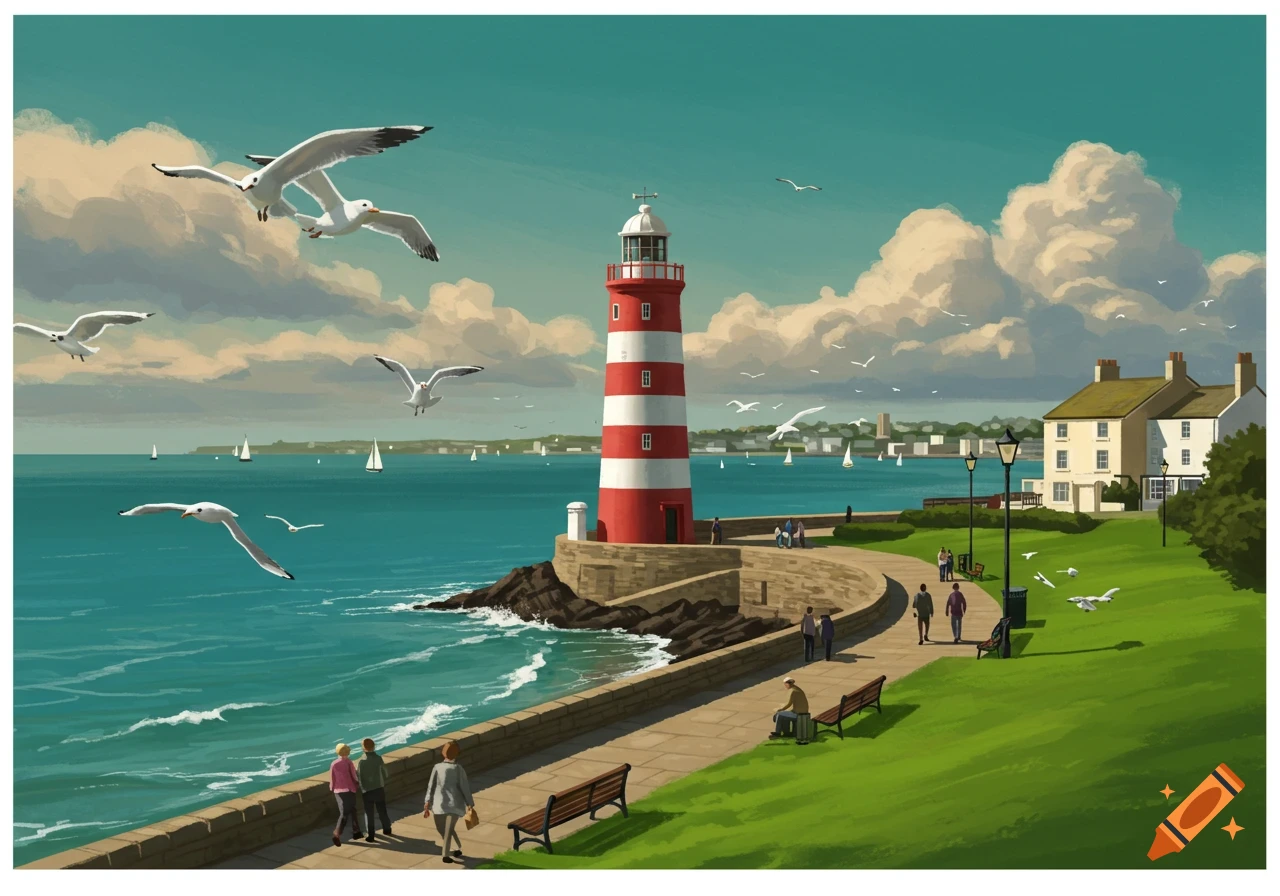 An illustrative coastal landscape featuring a red and white lighthouse, seagulls flying over the sea, people walking on a promenade, and buildings in the background.