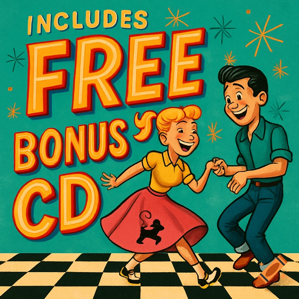 Retro 1950s cartoon of a smiling couple dancing rock n roll with 'Includes Free Bonus CD' text.