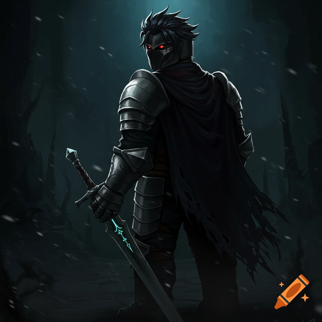 Dark knight in full armor and tattered cape, holding a glowing sword, looking back over shoulder in snowy forest.