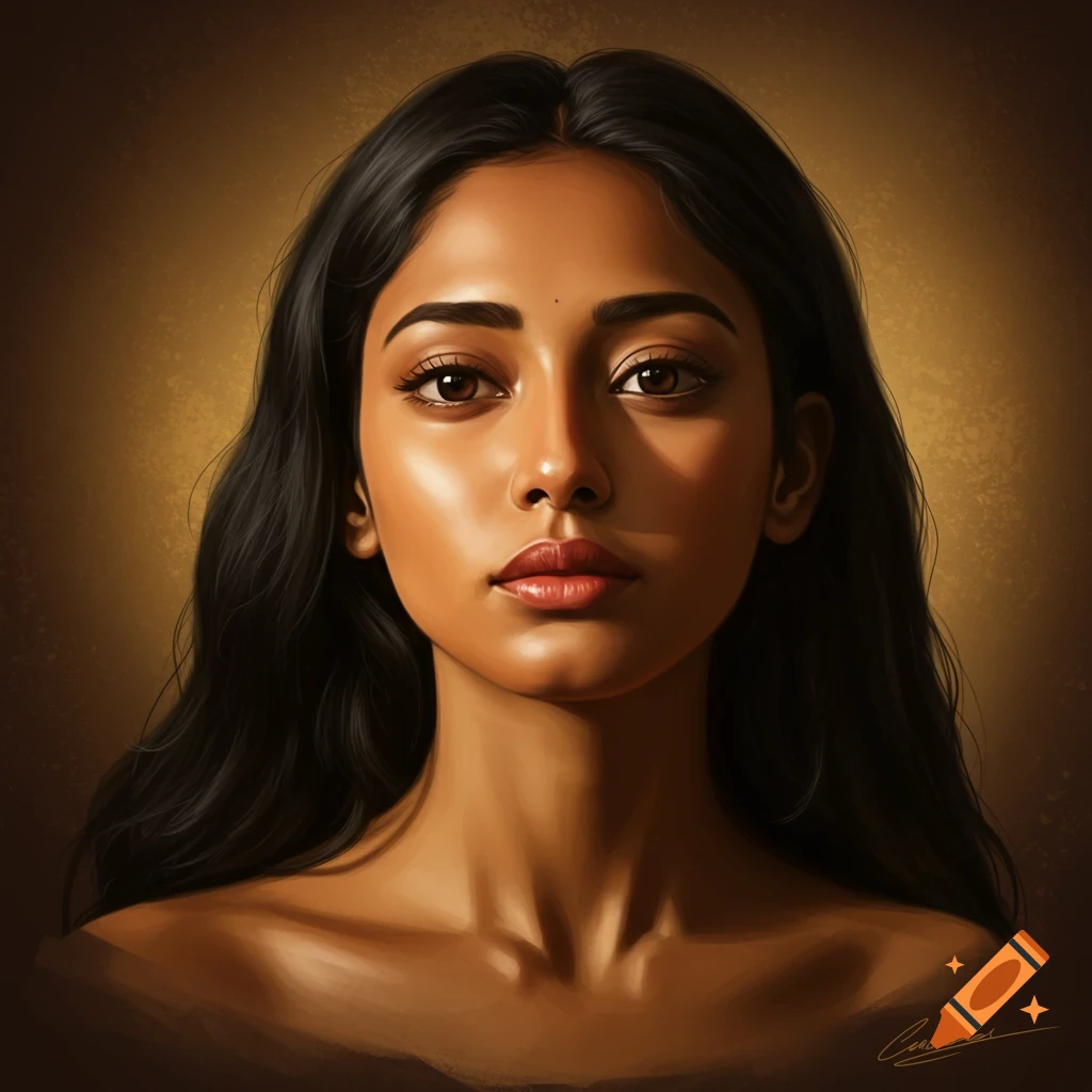 Digital portrait of a young South Asian woman with long black hair against a warm, dark background.