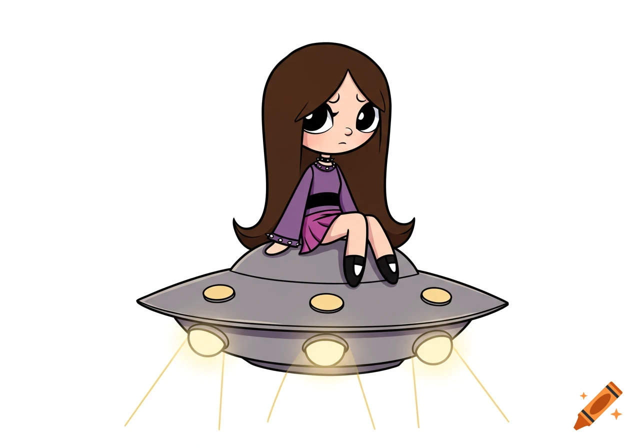 Cartoon emo girl with long brown hair, purple skirt, sitting on a classic UFO with glowing lights. Powerpuff Girls style.