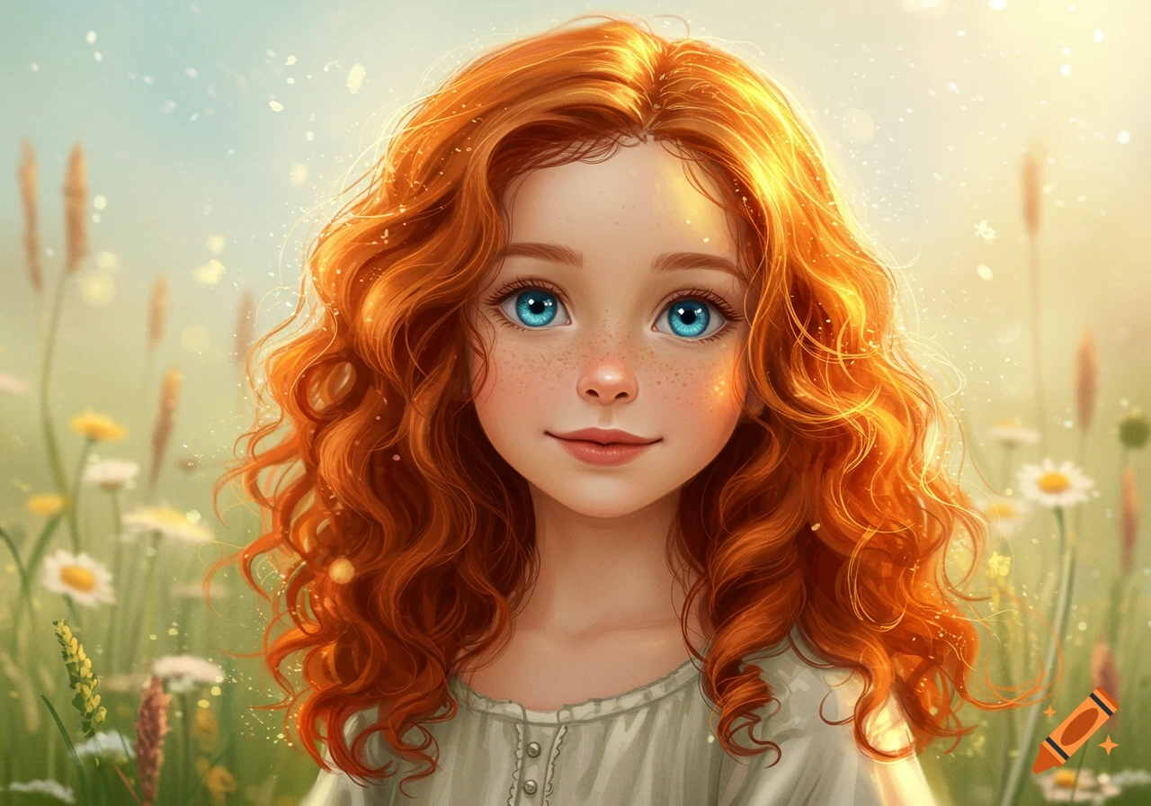 Digital art portrait of a cute, smiling redhead girl with blue eyes and freckles, in a sunny field of flowers.