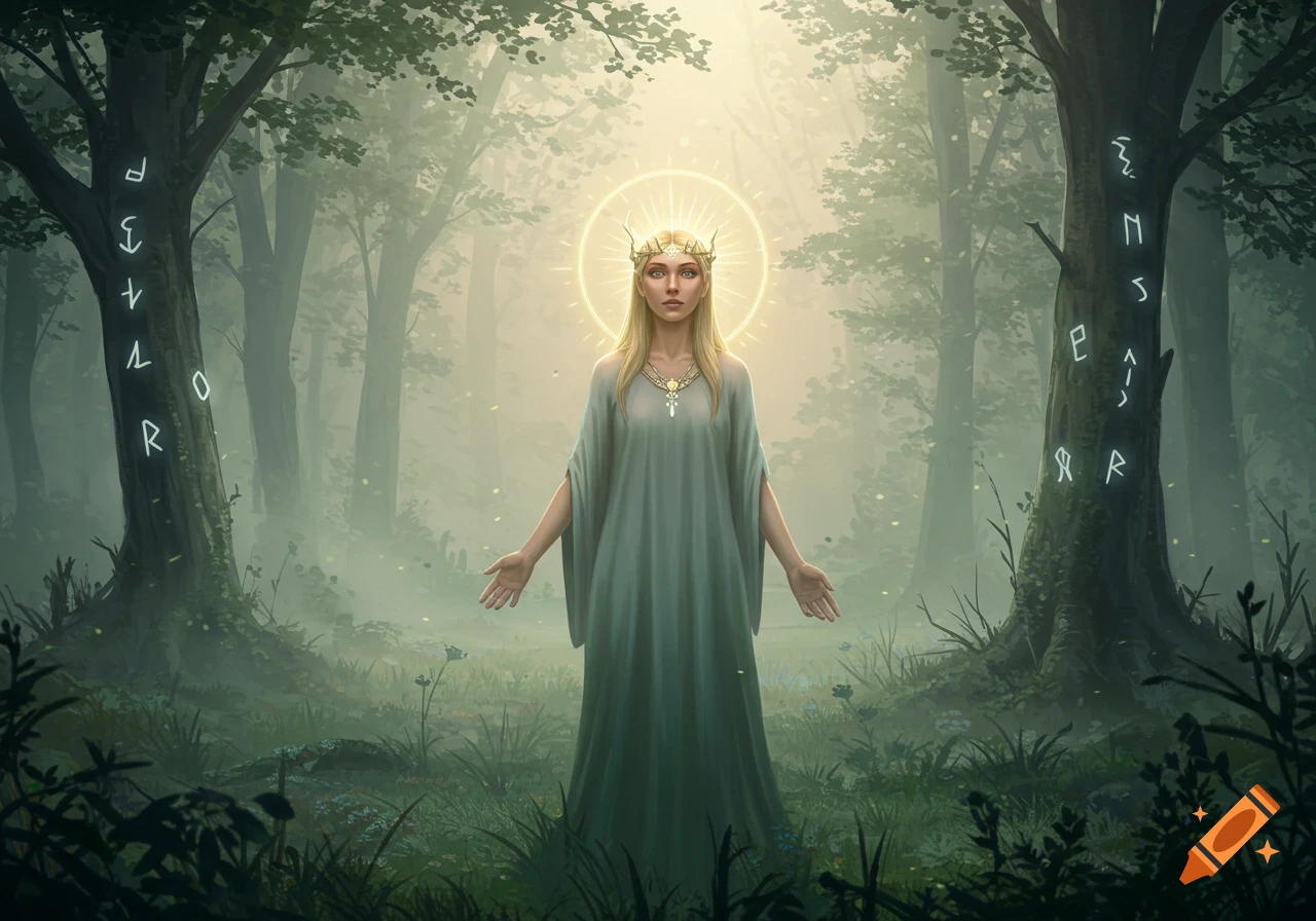 A blonde woman in a flowing dress and crown stands with outstretched arms in a misty, magical forest with glowing runes on trees.