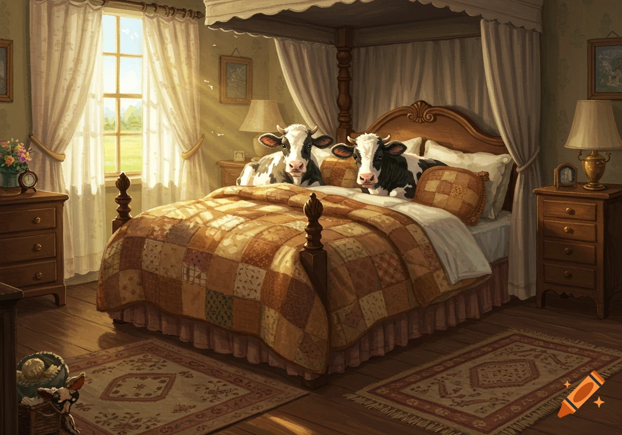 Two cows lie comfortably in a four-poster bed in a cozy, sunlit bedroom with patterned quilts and rugs.