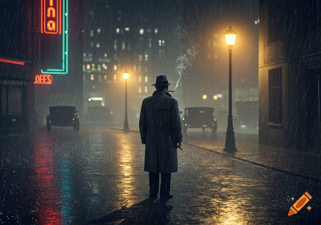 A man in a trench coat and fedora stands in the rain on a dimly lit city street at night, smoking a cigar, with neon signs in the background.