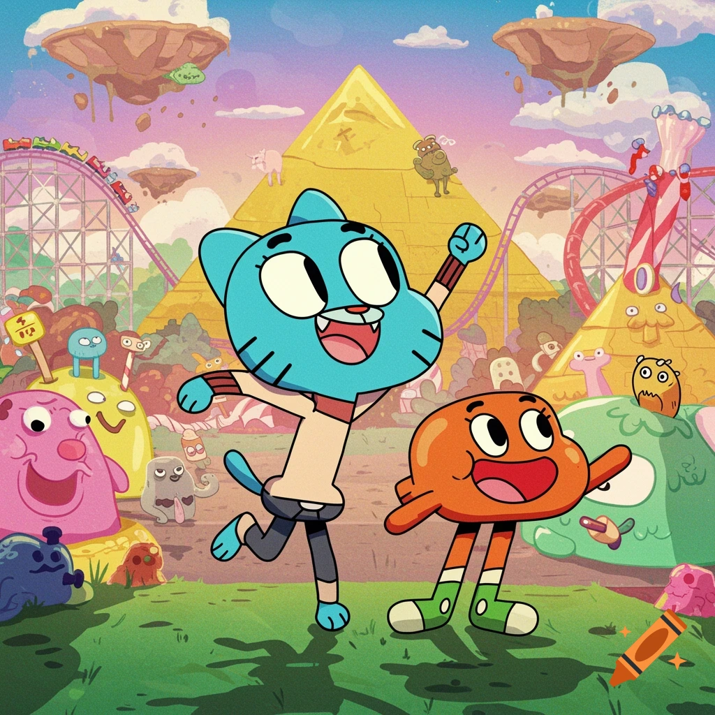 Gumball and Darwin happily run through a vibrant cartoon world with pyramids, rollercoasters, and floating islands.