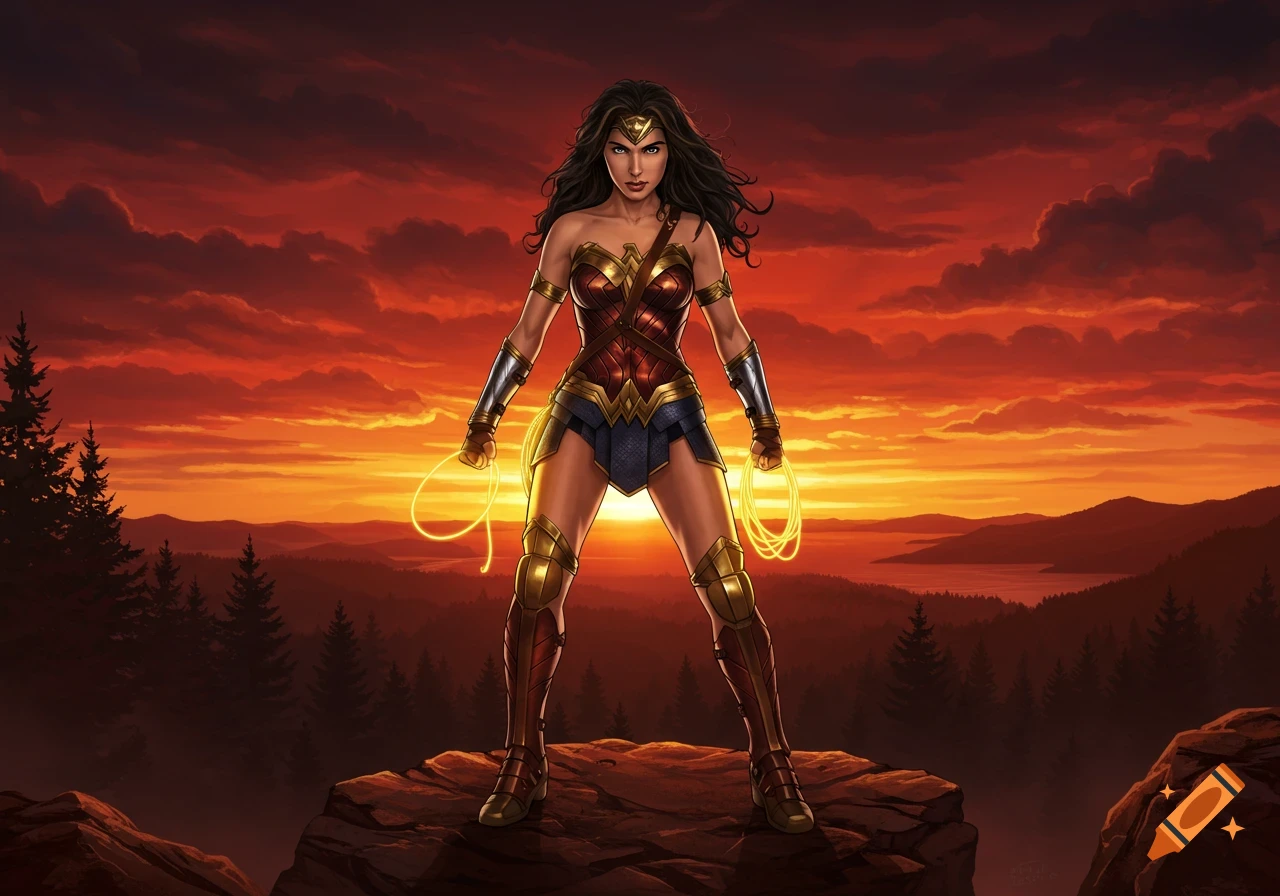 Wonder Woman stands heroically on a rock with her glowing lasso, silhouetted against a vibrant sunset over mountains.