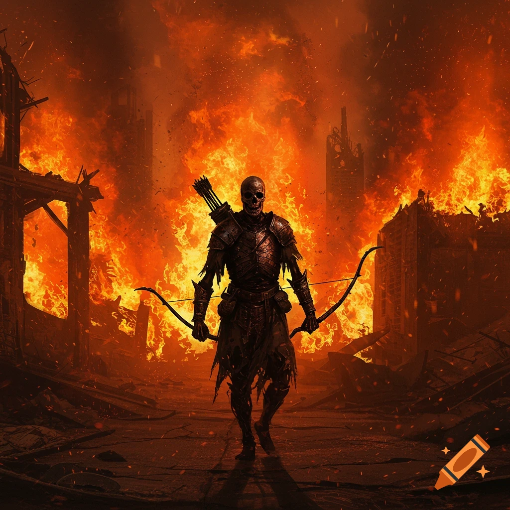 A skeleton soldier in dark armor, armed with a bow, walks through a burning, ruined city under a smoke-filled, orange sky. Dark fantasy art style.