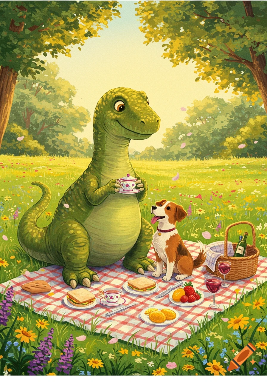 A cheerful green cartoon dinosaur and a brown and white dog have a picnic on a checkered blanket in a sunny, flower-filled park.