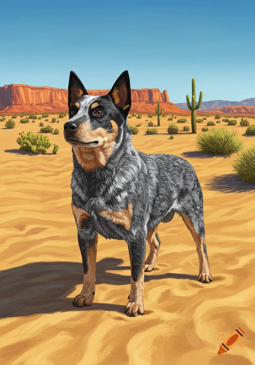 A blue heeler dog stands in a sunny desert with red rock mesas and cacti, depicted in a digital painting.