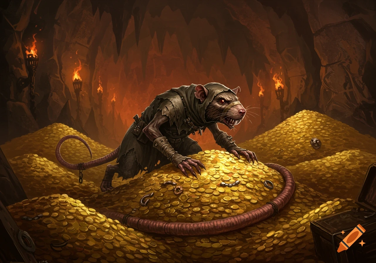A hooded, menacing Skaven rat with glowing red eyes crouches on a large pile of gold coins in a torch-lit dark cave.
