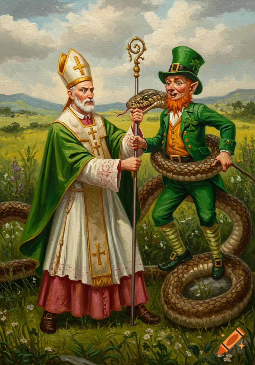 An oil painting of St. Patrick in green and white robes holding a staff, standing across from a red-bearded leprechaun entangled in a large snake, against a green landscape with cloudy skies.