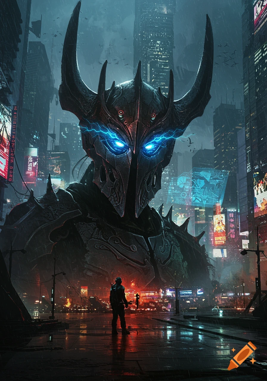 A large, dark, horned creature with glowing blue eyes stands in a rainy cyberpunk city as a small figure looks up.