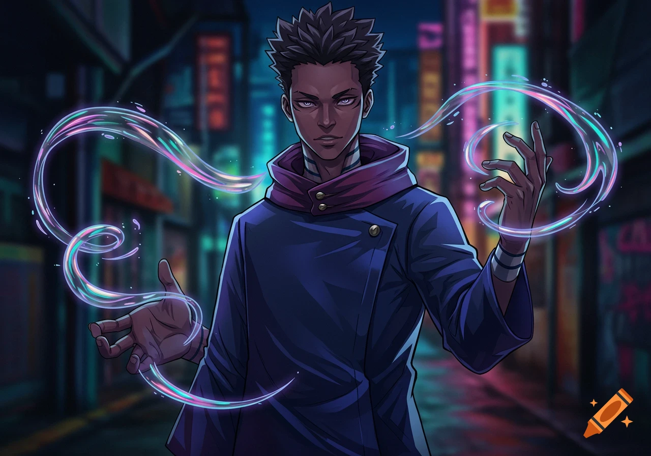 Anime-style dark-skinned male character with spiky hair in a blue jacket, manipulating glowing pink and blue magic in a neon-lit urban alley.