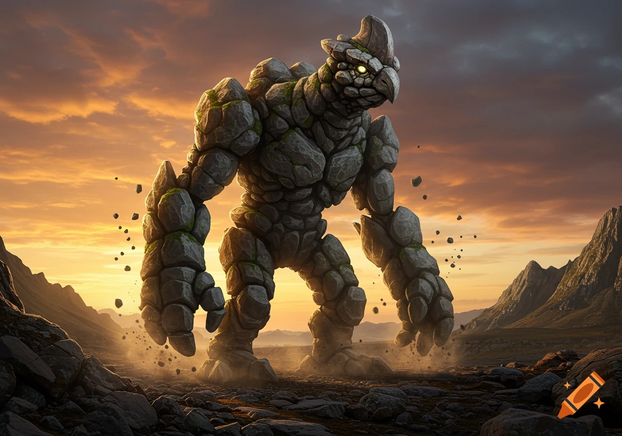 A large rock monster with glowing eyes, resembling an anthro cassowary, stands in a rocky mountain landscape under an orange sunset sky.