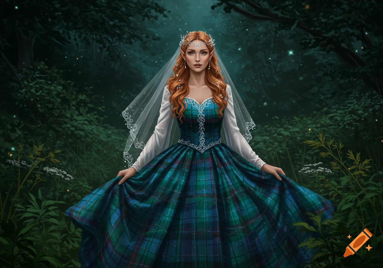 Elven woman with red hair in a blue and green tartan fantasy wedding dress and veil, standing in a magical forest.