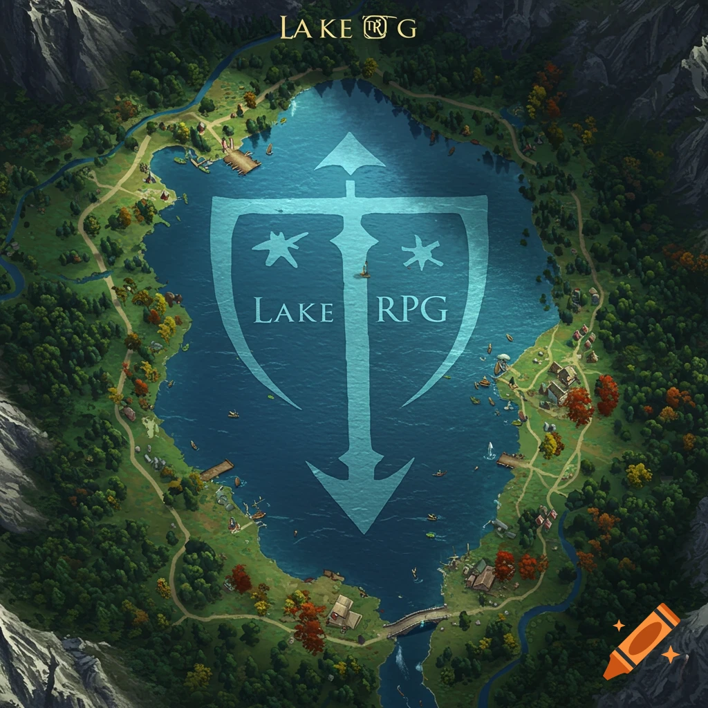 Artistic aerial map of a lake shaped like a sword with a shield, surrounded by forests and mountains, labeled 'Lake RPG'.