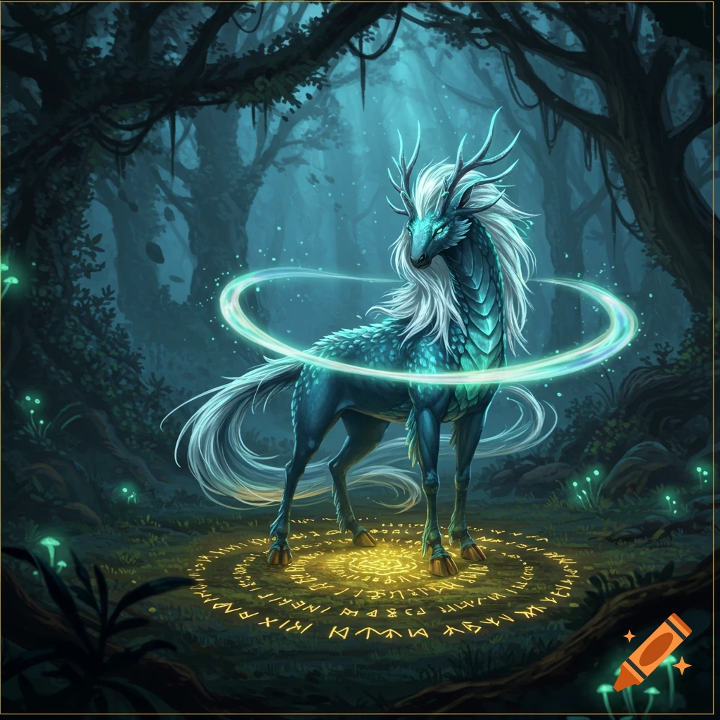 A majestic teal-scaled, white-maned horned creature stands on a glowing runic circle in a dark, magical forest.
