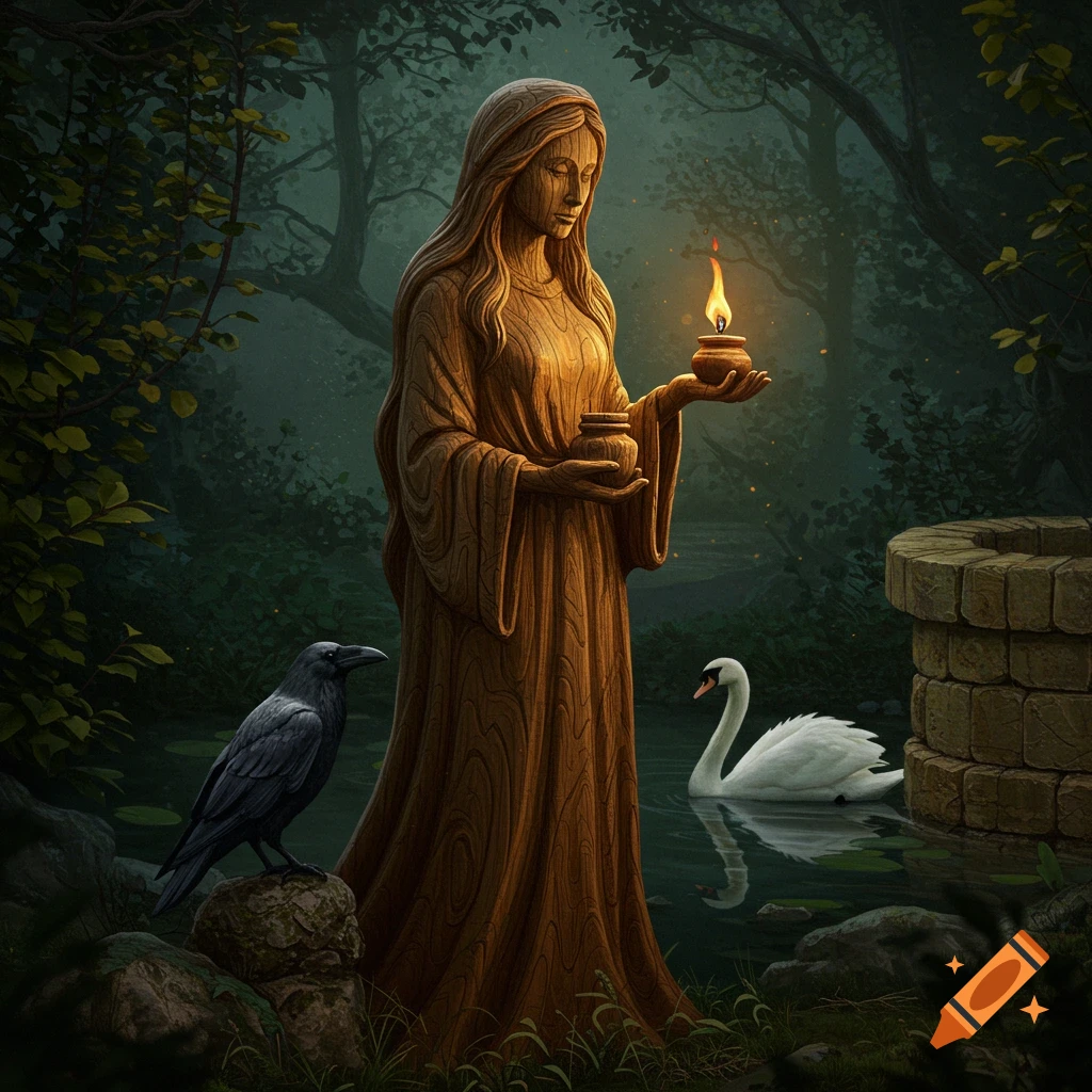 A wooden statue of Mary Magdalene holds a lit lamp and jar in a dark forest with a raven, swan, and stone well.