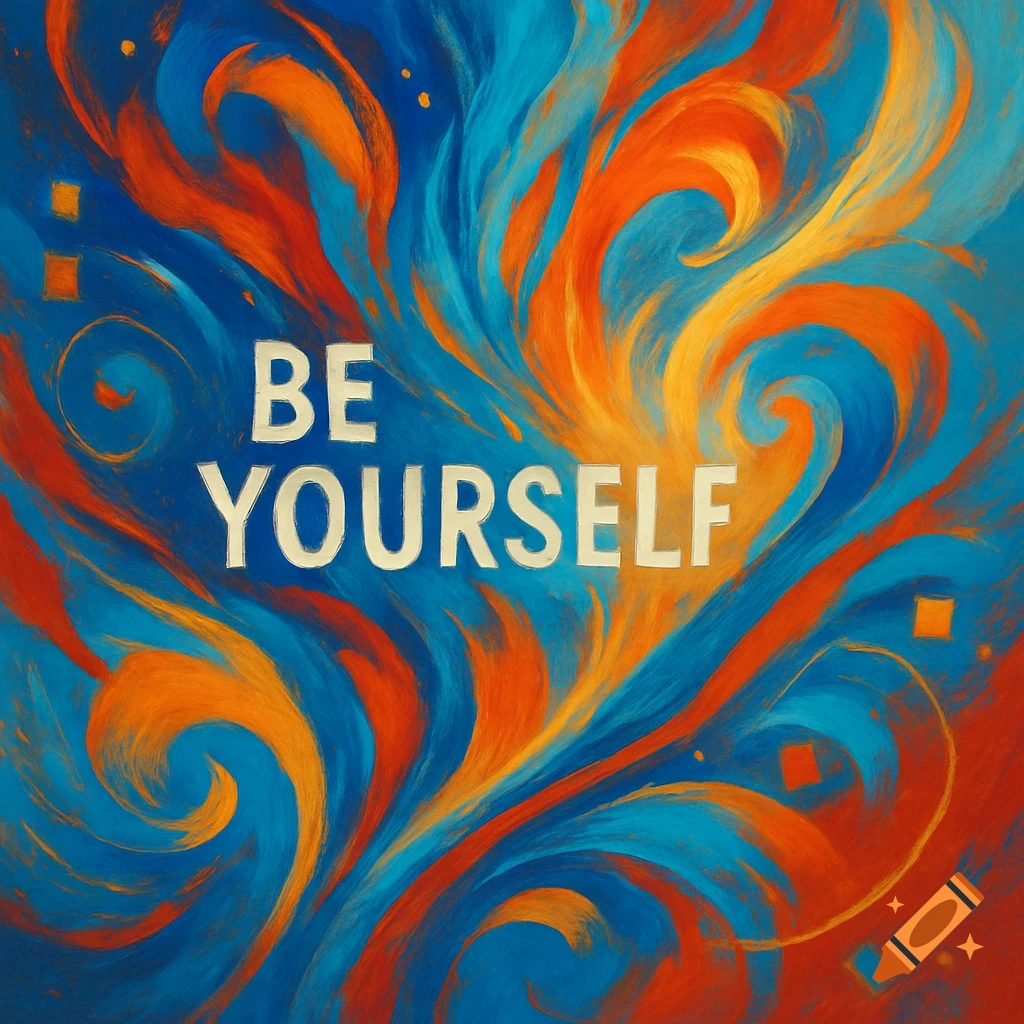 Abstract painting with swirling blue, orange, and yellow, featuring white text 'BE YOURSELF'.
