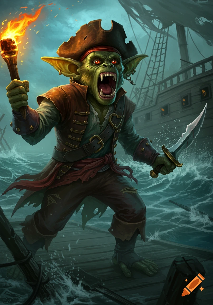 A screaming green-skinned goblin pirate wields a flaming torch and bloody dagger on a ship deck amidst stormy seas.
