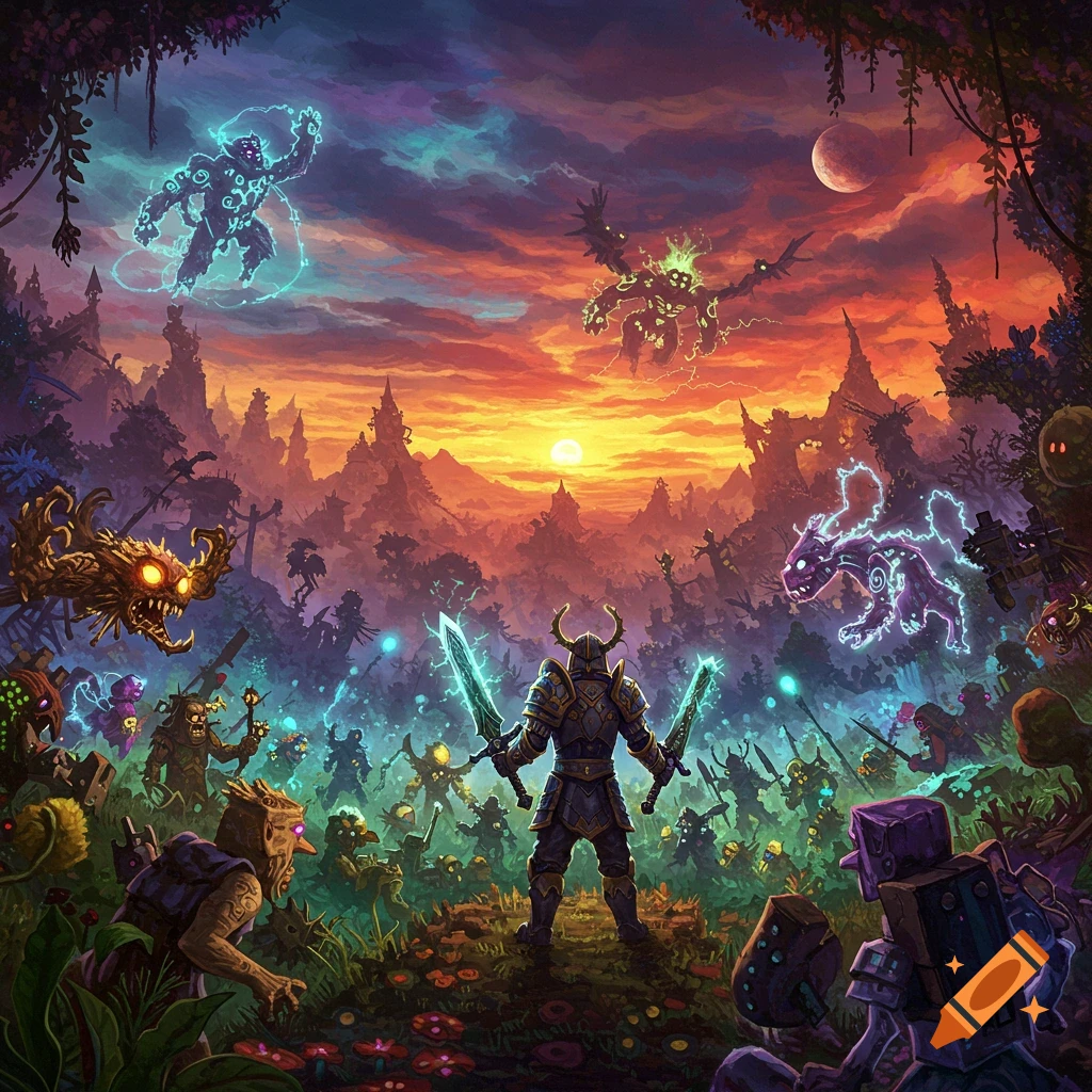 Armored warrior with glowing swords battles an army of colorful, otherworldly monsters in a vibrant fantasy landscape at sunset.