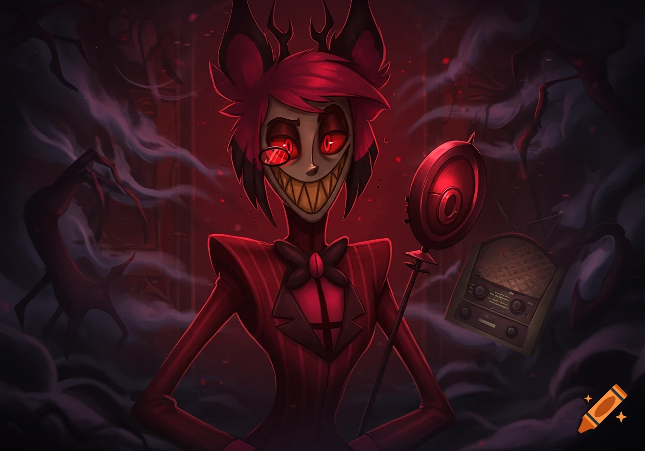 A red, deer-like demon in a pinstriped suit with a wide grin and red glowing eyes holds a vintage microphone in a smoky, dark red setting.