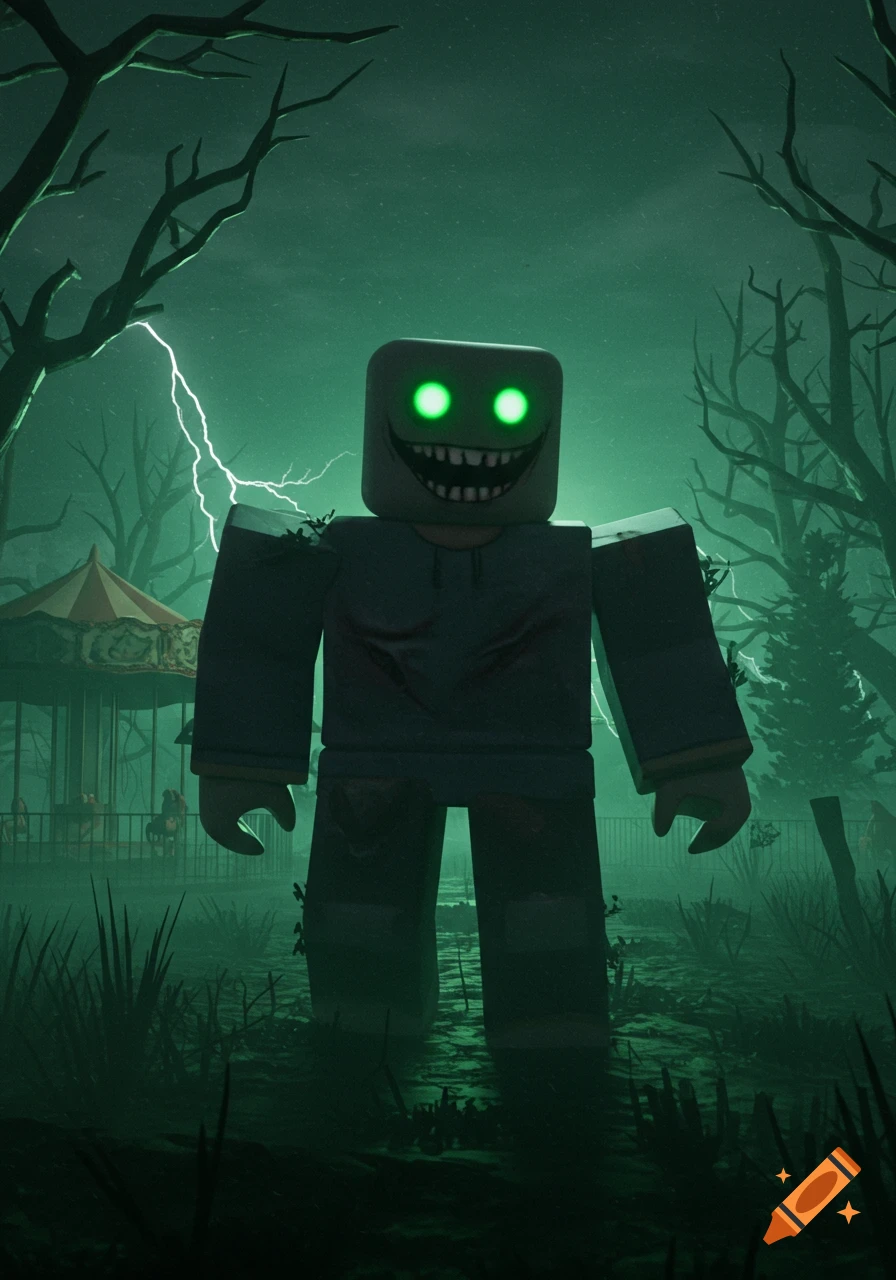 A creepy Roblox-like character with glowing green eyes and a jagged smile stands in a dark, overgrown amusement park with lightning in the sky.