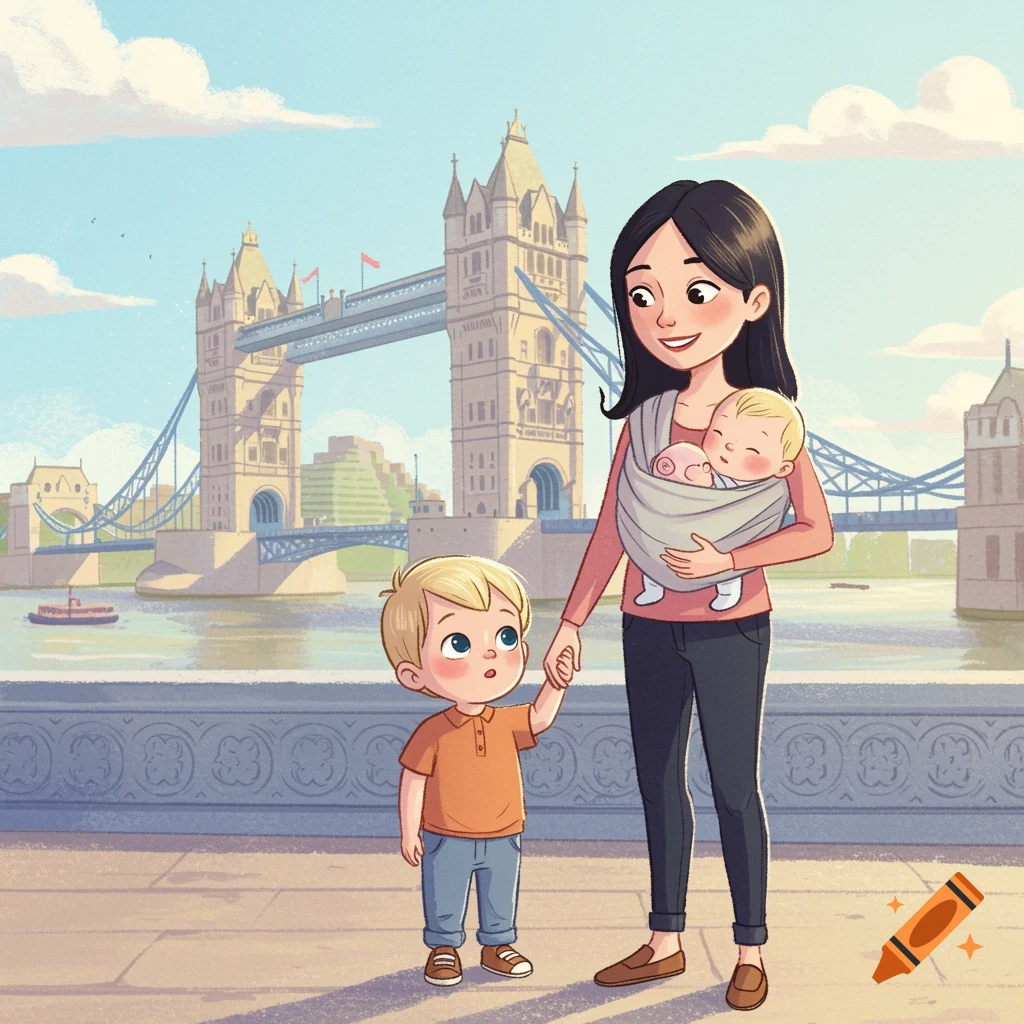Cartoon mother with dark hair, a blonde toddler, and a baby in a sling, walking in front of London's Tower Bridge.
