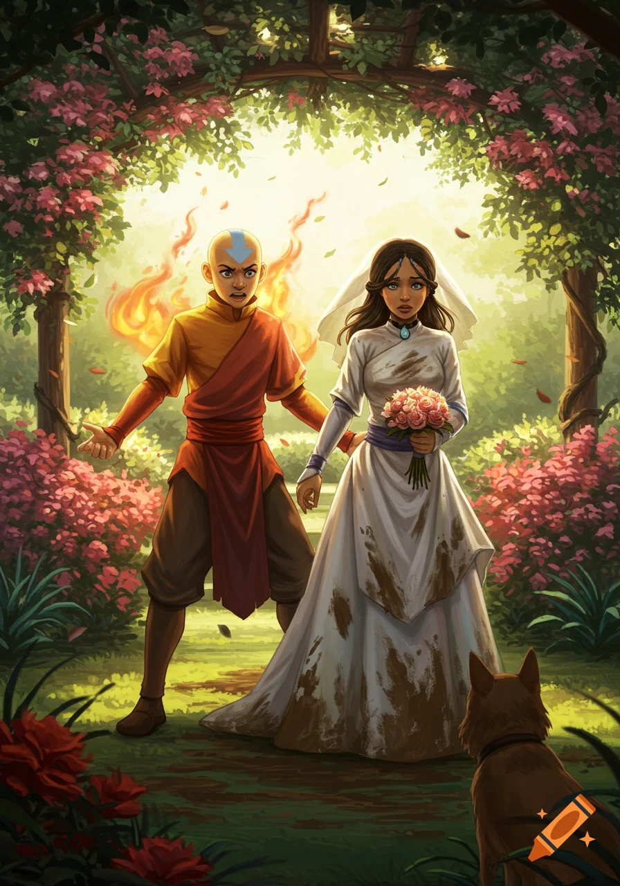 Aang, surrounded by fire, looks furious next to a sad Katara in a mud-stained wedding dress, holding a bouquet under a flowered archway. A dog looks on.