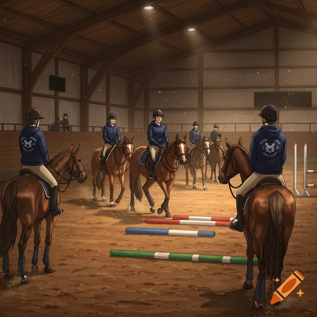 Illustrated scene of multiple riders on horses in an indoor equestrian arena with colorful poles.