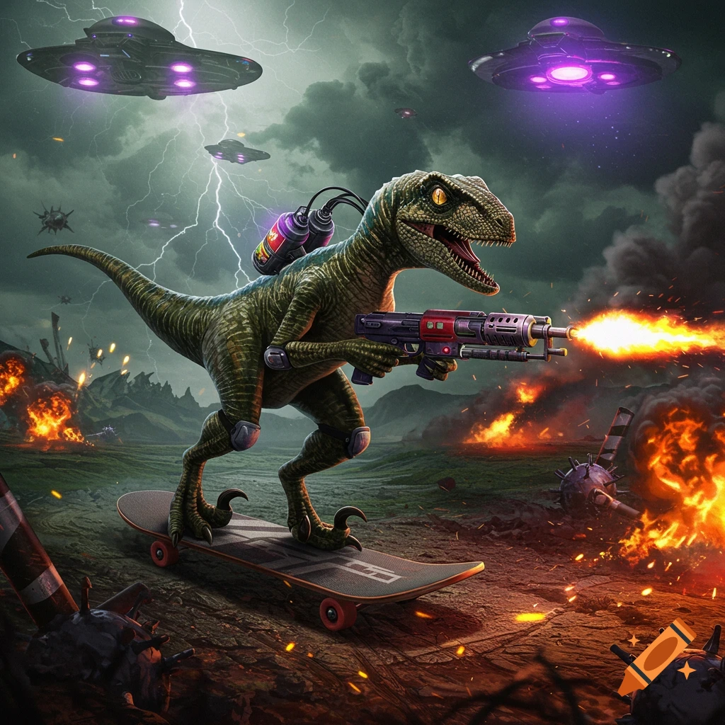 A velociraptor on a skateboard with a flamethrower fights UFOs in a stormy, fiery landscape with mines.