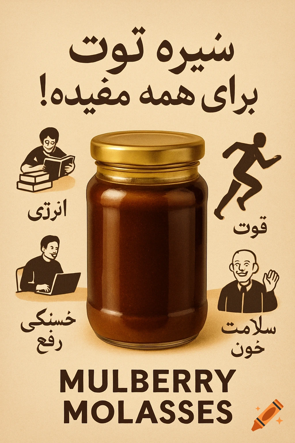 Professional advertising poster for mulberry molasses. A glass jar is centered, surrounded by illustrations and text depicting health benefits.